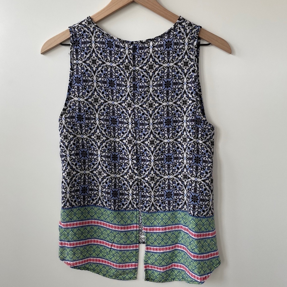 Elodie Boho Flowy Blue White Lightweight Blouse Tank Top Scoop Neck Sleeveless M - Picture 6 of 6